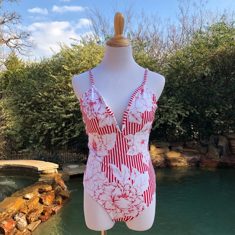 Kona Sol Red and White Stripes with Floral Pattern Swimsuit